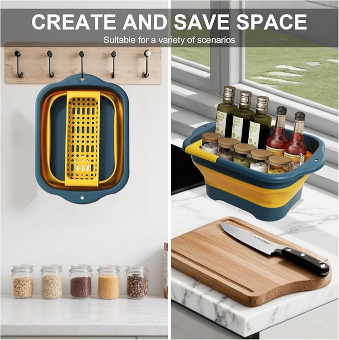 2.77 Gallon (10.5L) Collapsible Dish Basin with Drain Plug, Yellow Camping Dish Basin for RV, Space-Saving Foldable Wash Tub, BPA-Free Portable Sink for Vegetables and Dishes- with Brush