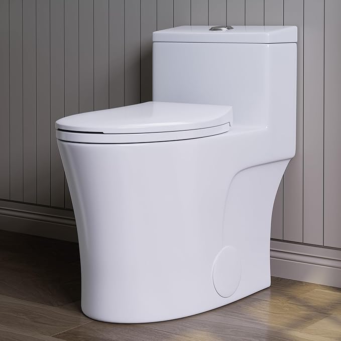 HOROW T0338WM Elongated One Piece Toilet Matte White, ADA Toilet 17.3" with Comfort Chair Height Seat, 0.8/1.28 GPF Powerful Dual Flush Toilet for Bathroom, MAP 1000g, 12" Rough-in Skirted Toilet Bowl