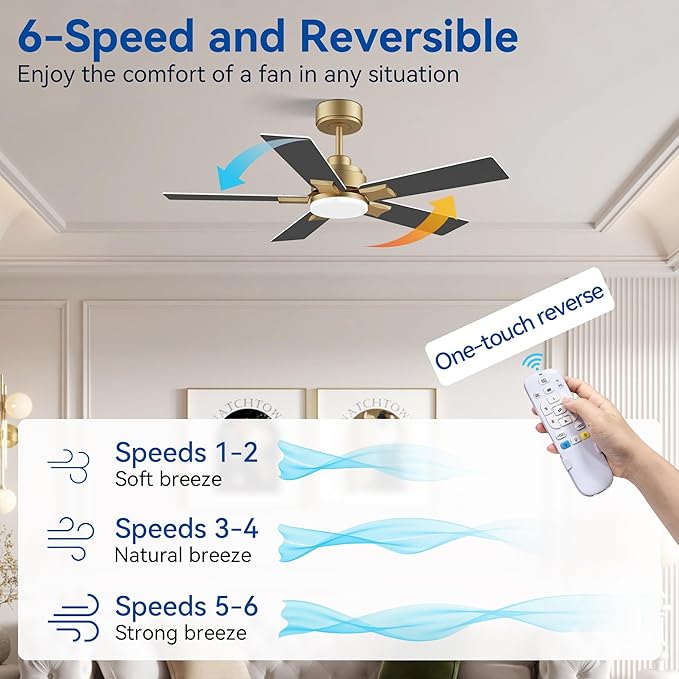 42Inch Smart Ceiling Fan with Lights Remote,APP&Voice Alexa WIFI Controled,Quiet Reversible DC Motor,Dimmable LED,Indoor Outdoor,Small Modern Ceiling Fan,for Bedroom Patio Porch,Gold White&Black