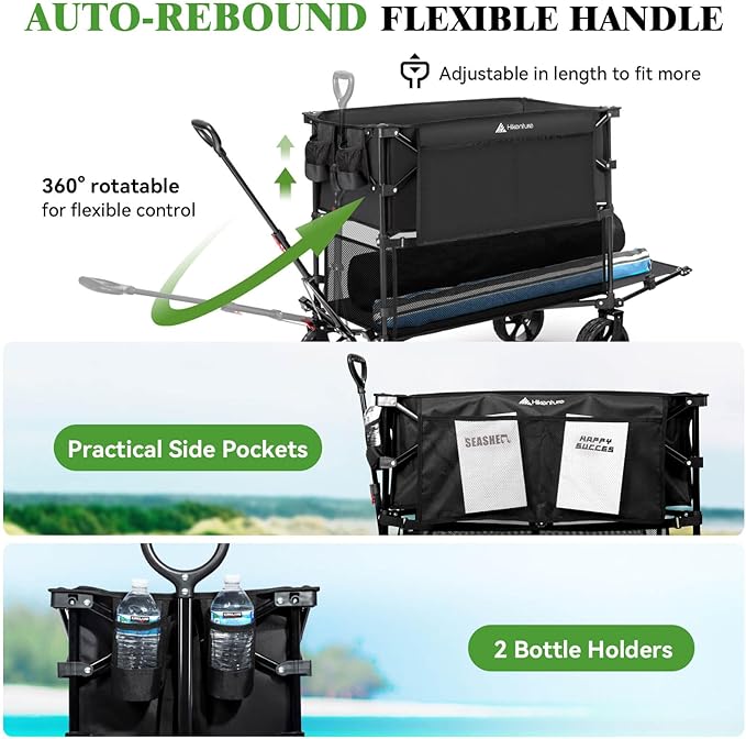 Hikenture Double Decker Wagon, 400L Extra Large Beach Wagon with Big Wheels for Sand, 500LBS Heavy Duty Collapsible Cart with Tailgate, Utility Carts Foldable for Beach, Sports