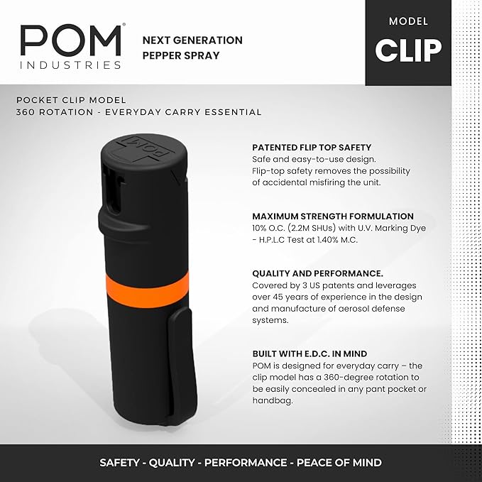 POM Pepper Spray Pocket Clip, Quick Flip Top Safety, Maximum Strength OC Formula with UV Marking Dye, Safe Compact and Tactical Design for Everyday Carry, 25 Bursts, 10 ft Range, 0.5 fl oz