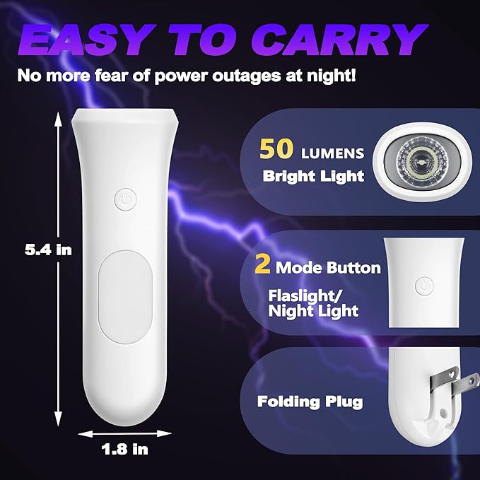 4 in 1 Emergency Lights for Home Power Failure, 2 Pcs Rechargeable LED Flashlight Plug in Wall, Automatic Turn-On Power Outage Night Light Flashlight for Hurricane Preparedness Items, White