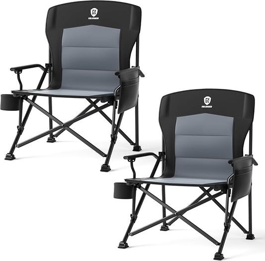EVER ADVANCED Oversized Folding Camping Chair for Adults, Heavy Duty Lawn Chair with Side Pockets, Portable Collapsible Quad Chair for Outside, Support Up to 500lbs