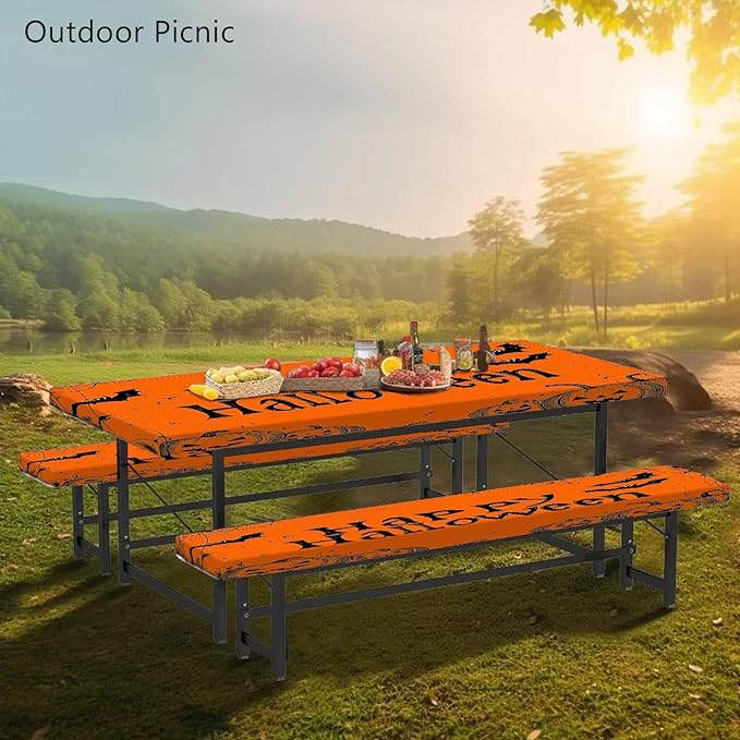 CAPSCEOLL Fitted Picnic Table Cover with Bench Covers with Elastic 6Ft Waterproof Camping Picnic Table Cover Cloths for Outdoors Camping Tablecloth with Drawstring Bag, 72X30in, Happy Halloween