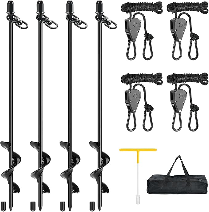 Tent Stake Heavy Duty Kit for High Winds, 4 Pack 17.7" Ground Anchors Screw-in, with Retractable Tie-Down Straps Ropes, Earth Anchors Kit for Campers, Temporary Tents, RV, Awning, Gazebos,Carport