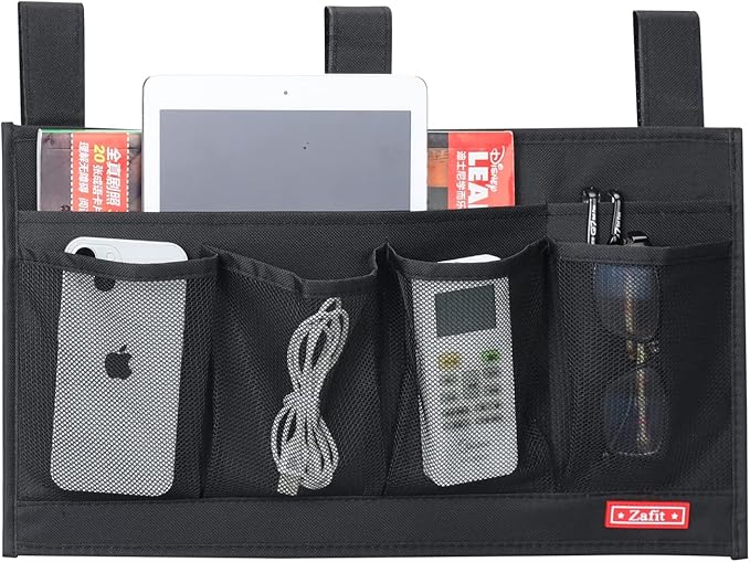 Hanging Bedside Caddy, Bedside Storage Organizer for Magazine, Phone, Remote control (6 Pockets-Black)