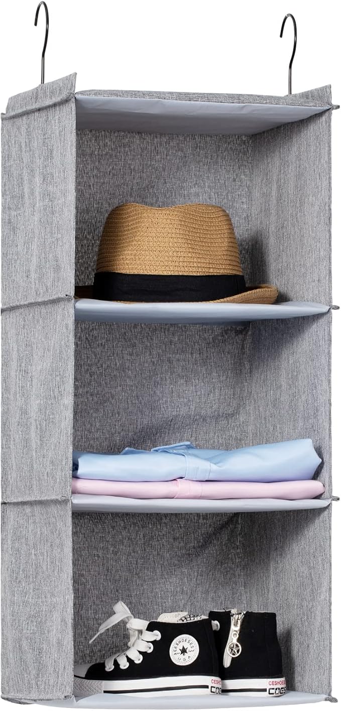 Hanging Closet Organizer, Easy Mount Collapsible 3-Shelf Camper Closet Wardrobe Hanging Storage Shelves, Folded Clothes Towels Handbag Shoes Accessories Storage, Linen Cloth, Gray