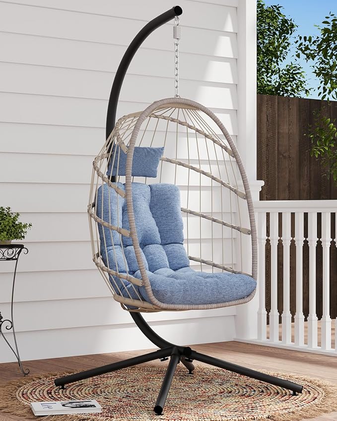 SWITTE Egg Chair Outdoor with Stand, Indoor Wicker Hanging Egg Swing Chair with Cushion, 350lbs Capacity for Patio, Bedroom, Garden - Light Blue