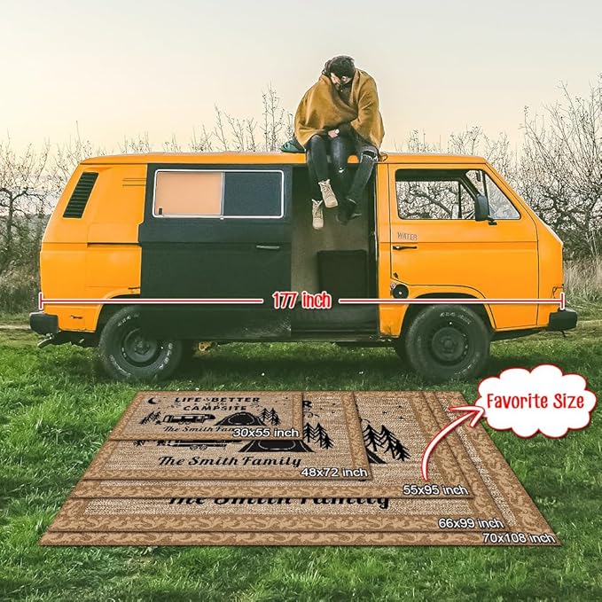 Custom Camping Rug Welcome to Our Campsite RV Trailer Decor Camper Floor Mat for Outdoors, Patio, Backyard, Picnic, Beach, Camping, 48 x 72 Inch (20 RV Optional)