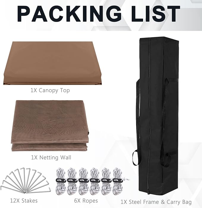 COOSHADE Pop up Canopy, 10X12 Pop up Tent with Mesh Walls, 6 Sides Gazebo, Patented 1 Step Lock Tech, Screened House for Outdoor/Camping/Lawn/Trip/Gathering, Khaki and Brown