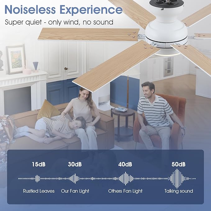 52" Low Profile Ceiling Fans with Lights and Remote, Modern Indoor Ceiling Fans with 3 Colors 6 Speeds, White Flush Mount Ceiling Light Fans for Bedroom