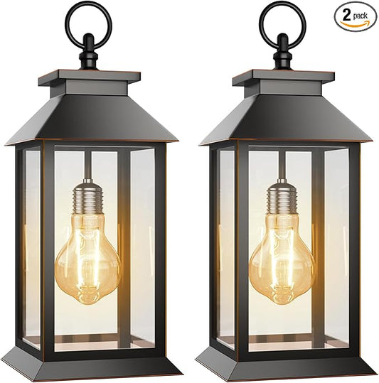 2 Pack Hanging Solar Lanterns Glass Solar Lights Outdoor Waterproof Upgraded Solar and 2 AA Batteries Powered, for Outside Porch, Patio and Indoor Tables, Mantelpiece