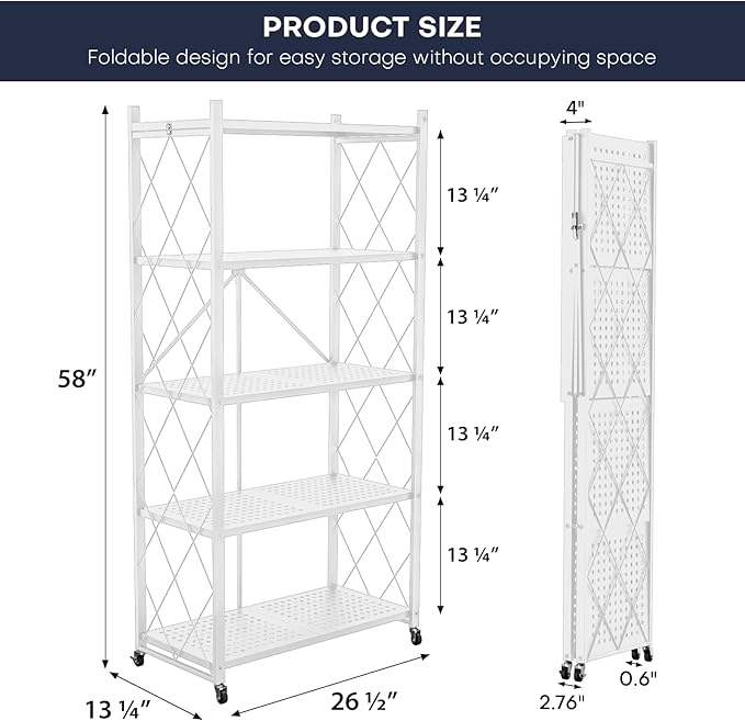 5-Tier Foldable Storage Shelf with Wheels - Metal Rack Collapsible Shelving Unit Display, Rolling Cart for Books Kitchen Storage Shelves, Pantry & Closet Organizer, Office Room Decor