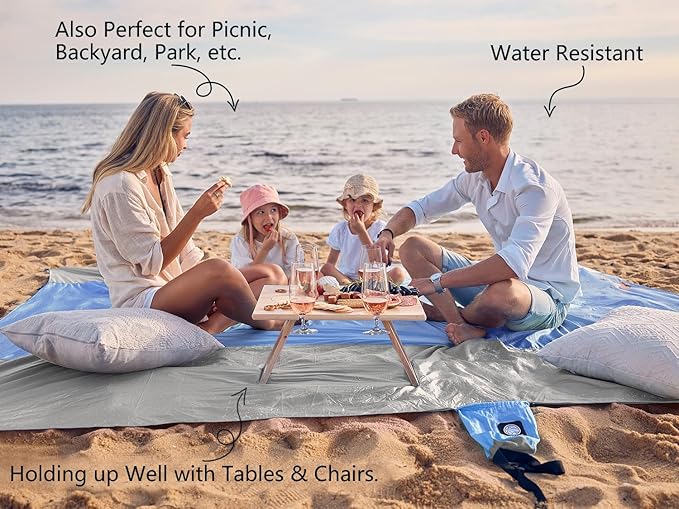 WEKAPO Beach Blanket Sandproof Waterproof, Extra Large Beach Mat, Oversized & Compact Sand Free Mat Quick Drying, Lightweight & Durable with 6 Stakes & 4 Corner Pockets