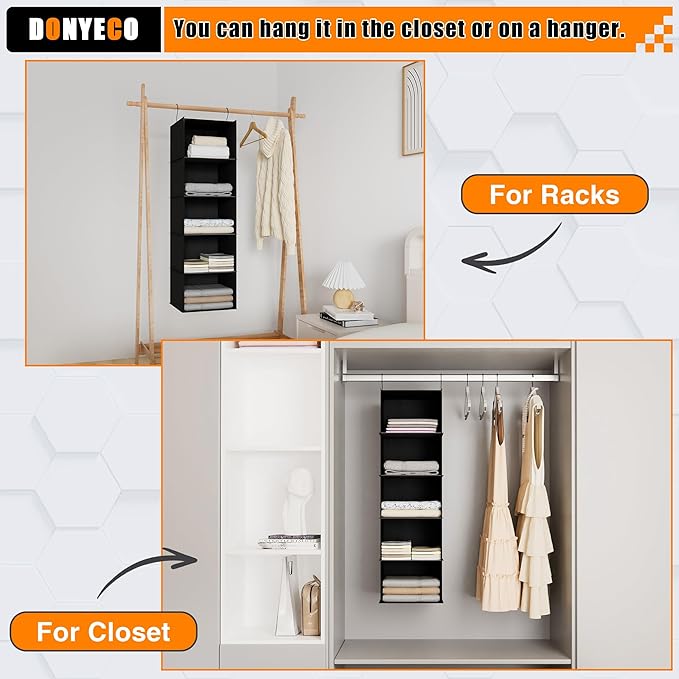 Hanging Closet Organizer and Storage 5-Shelf, Easy Mount Foldable Hanging Closet Wardrobe Shelves, Clothes Handbag Shoes Accessories Storage, Washable Oxford Cloth Fabric, Black