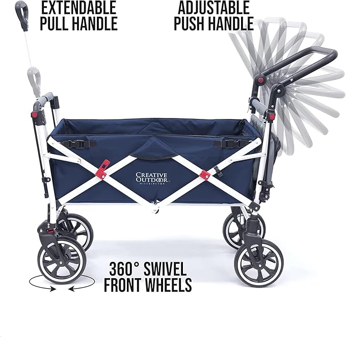 Creative Outdoor Wagon for Kids Push Pull Collapsible Stroller with Canopy Folding Cart | Titanium Series Plus | Beach, Park, Garden (Solid Navy Blue)