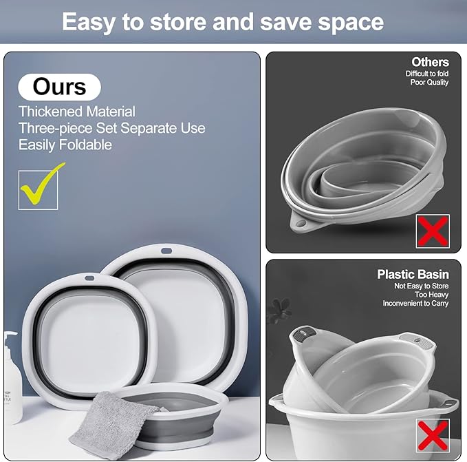 Collapsible Tub Wash Basin Laundry Tub 3 Pack Collapsible Laundry Baskets Foldable Dish Tub Plastic Washtub Space Saving Storage Container for Dishing, Fruit, Camping, Laundry, Hiking & Home (Grey)