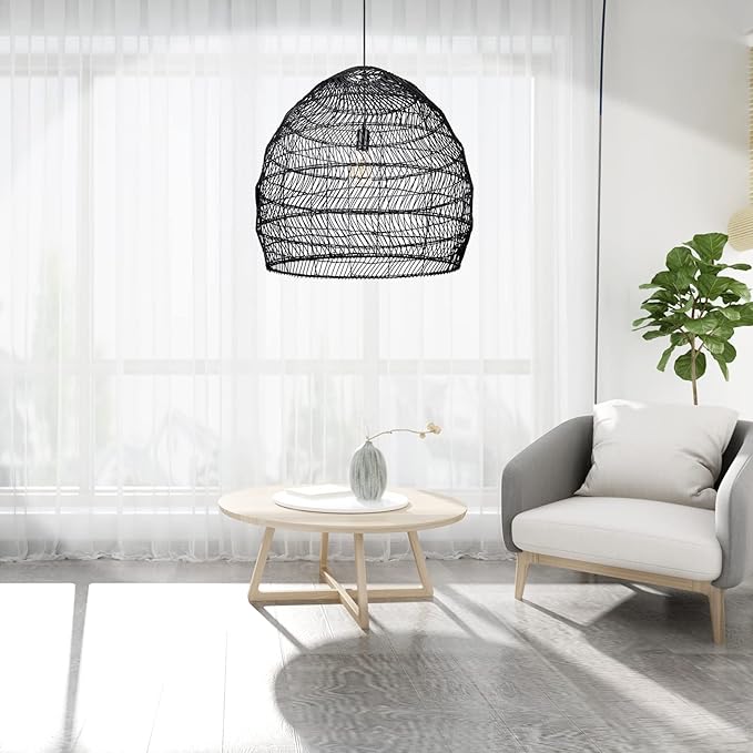 Arturesthome 19.6" Rattan Chandelier for Kitchen,Black Woven Basket Pendant Light Shades, Handwoven Pendant Lampshade for Bedroom Kitchen Farmhouse