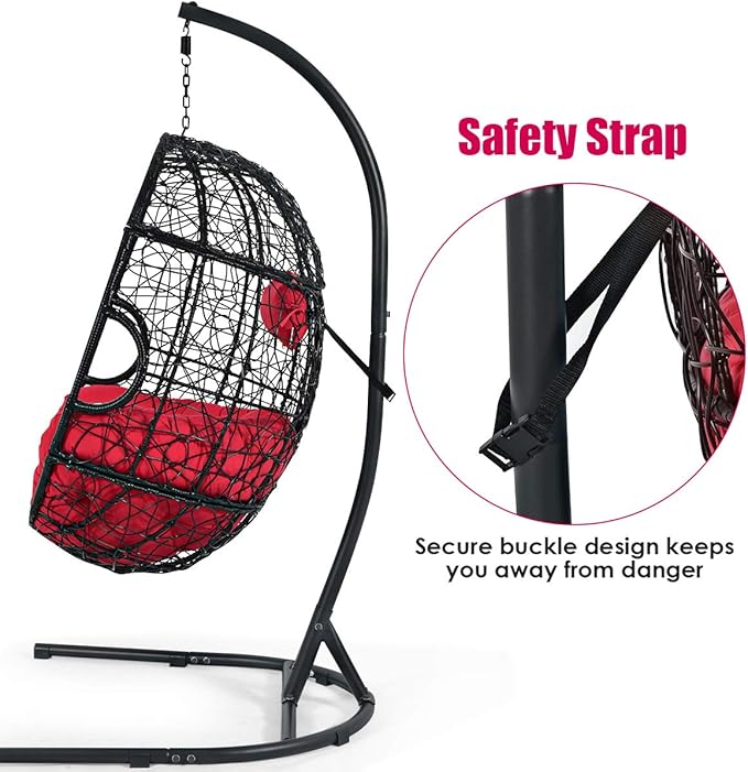 Giantex Hanging Egg Chair, Swing Chair with C-Hammock Stand Set, Hammock Chair with Soft Seat Cushion & Pillow, Multifunctional Hanging Chairs for Outdoor Indoor Bedroom (Red)