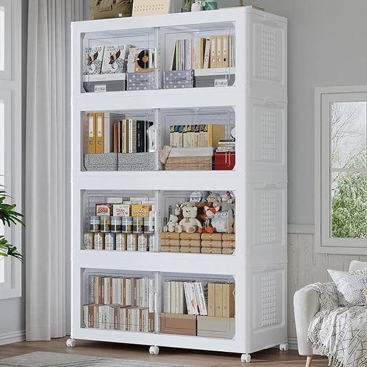 160GAL Extra Large Storage Bins with Lid, 640Qt Stackable Closet Organizers and Drawers, Collapsible Storage Bins with Wheels, Folding Storages Cabinet for Home Bedroom Office, 4Pack White