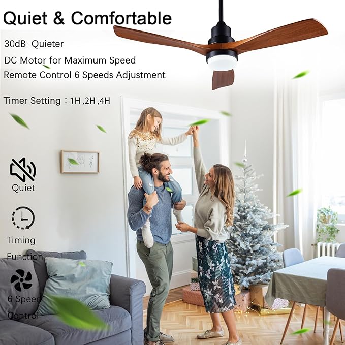 48" Wooden Ceiling Fans with Lighted Remote Control, Indoor Outdoor Wooden Ceiling Fan, Outdoor Modern Ceiling Fan with 3 Fan Blades for Patio, Living Room, Farmhouse, etc (Black + Walnut)