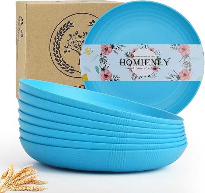Homienly Wheat Straw Plates, 10 inch Deep Dinner Plates, Service for 8, Unbreakable Plates for Outdoor, Lightweight Microwave and Dishwasher Safe Camping Plate Set for Dinner, Salad, Fruit - Sky Blue
