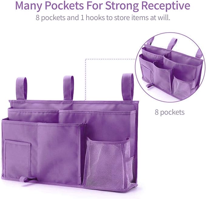 Bseash Bunk Bed Organizer, Bedside Caddy Hanging Bed Organizer Storage Bag 8 Pockets, for College Dorm Rooms Bed, Hospital Bed, Baby Bed Rails, 600D Oxford Cloth (Purple)