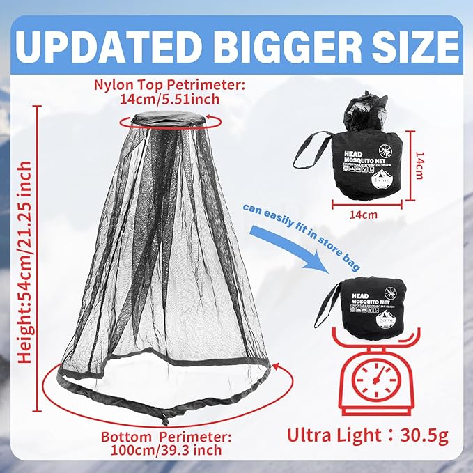 Benvo Mosquito Head Net Mesh One Piece Face Neck Fly Netting Cover from Bugs Gnats Noseeums Hat-Compatible Insect Shield for Fishing, Camping, Gardening (2pcs, Black, Upgraded Big Net)