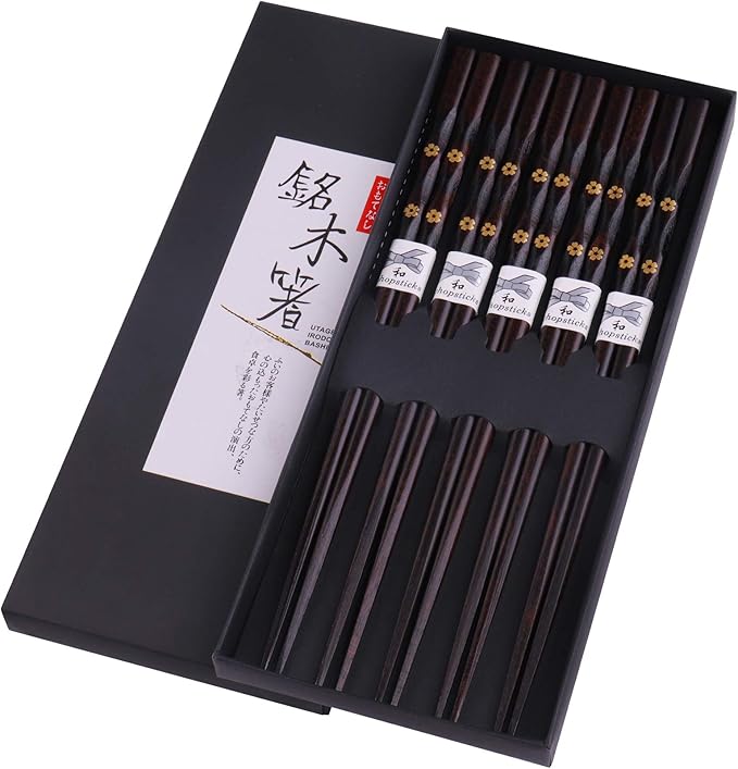 5 Pairs Chopsticks Wooden, Glamfields Reusable Chop sticks, Non-slip Japanese Style gift set