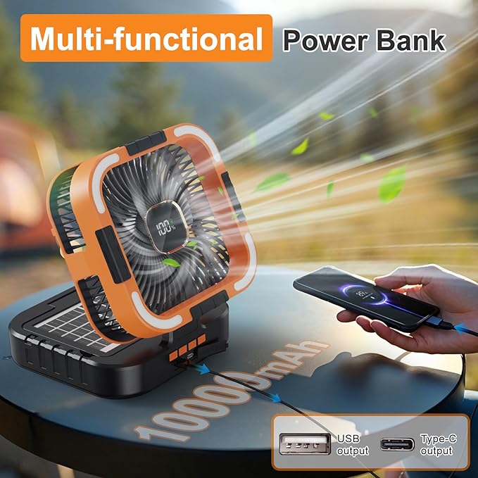 Portable Camping Fan with Solar Panel, 10000mAh Solar Powered fan, 6 Speed Levels, 120° Oscillation, 3 Light Modes, 6H Timer, Handle, Foldable Rechargeable Outdoor Fan for Tent, Hiking, Beach