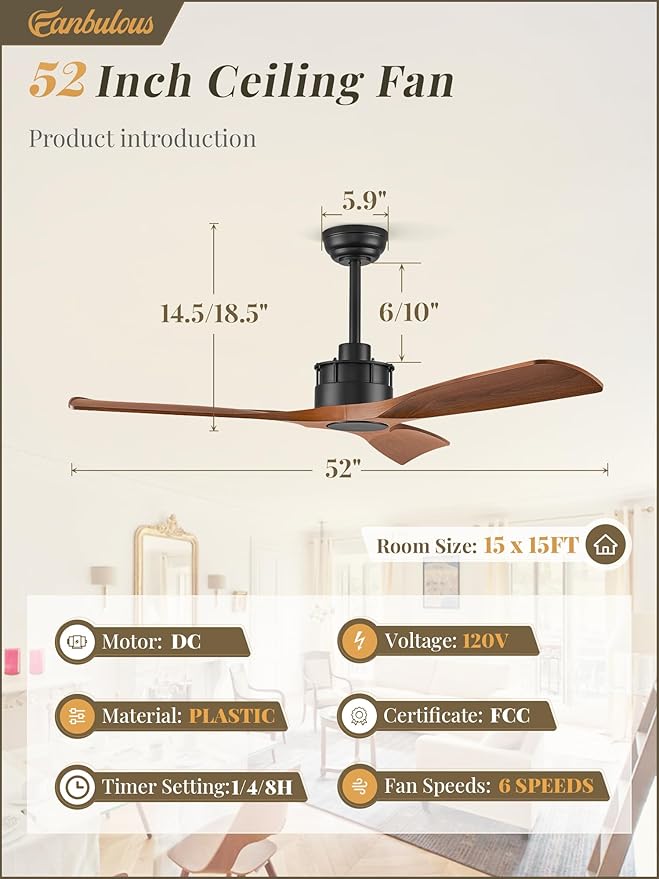 52" Ceiling Fans Without Lights, Flush Mount Ceiling Fan with Remote Control,Modern Outdoor Ceiling Fans with 2 Downrods 6-Speeds Reversible DC Motor for Patio Bedroom Living Room