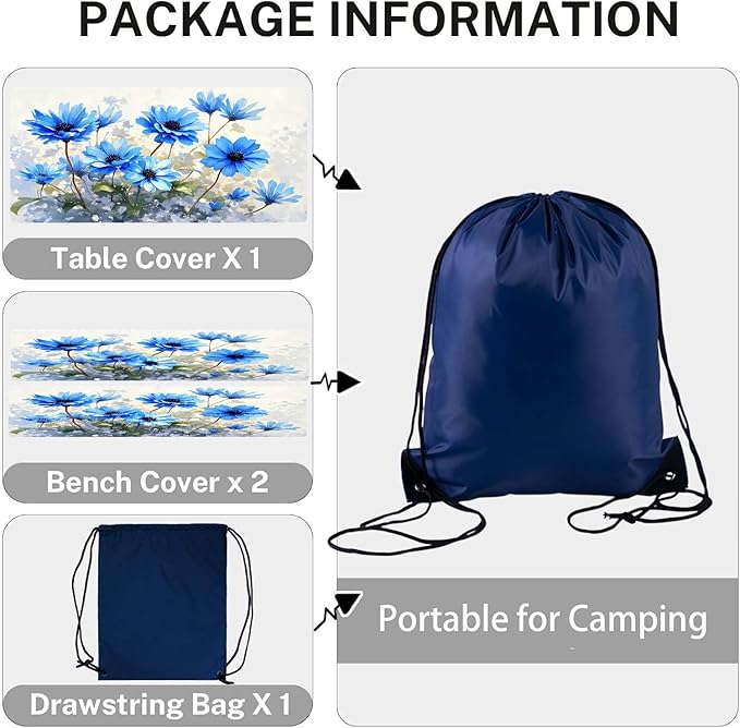 CAPSCEOLL Elastic Picnic Table Cover with Bench Covers 5Ft Waterproof Fitted Picnic Table Cover Cloths for Outdoors Camping Tablecloth with Drawstring Bag, 60X30in, Blue Flowers