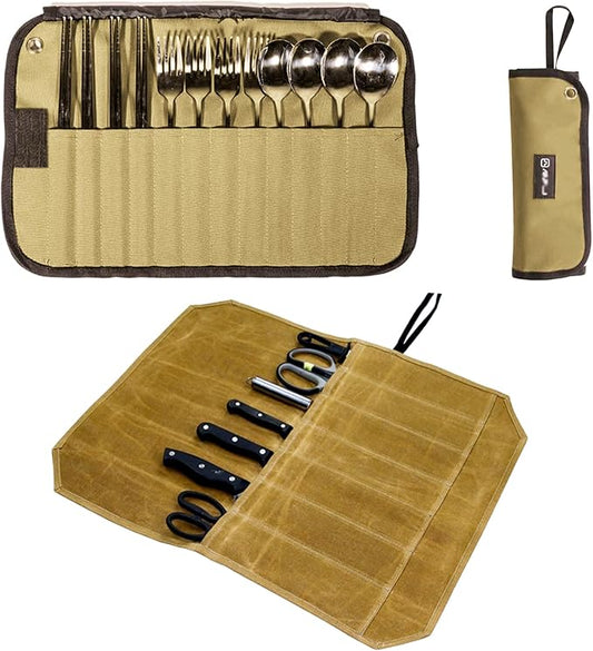 2pcs Camping Utensil Bag, Knife Roll Bag,Portable Knives Pouch,Canvas Roll Up Culinary Tableware Storage,Picnic Cutlery Organizer Bag,Cooking Utensils Hanging Bag,Travel Cutlery Pouch