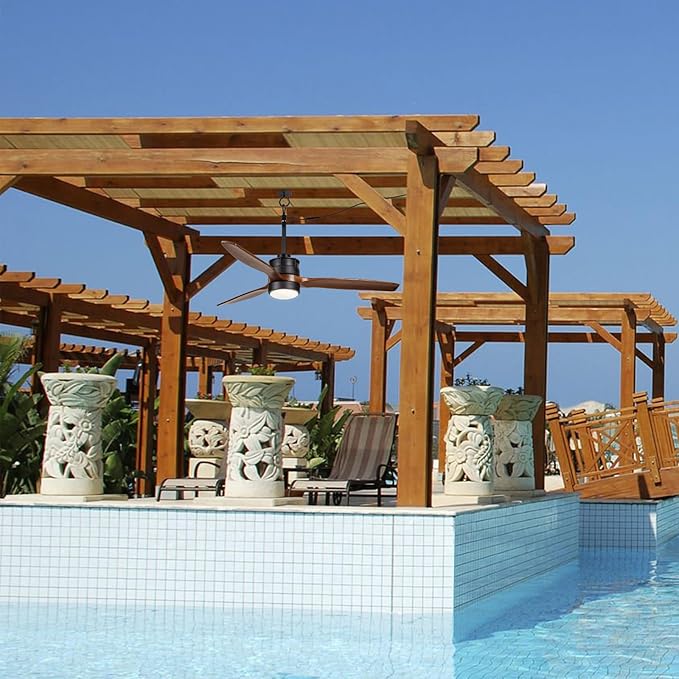 EKIZNSN 42“ Wet Rated Ceiling Fans with Lights Outdoor Hanging for Gazebo Waterproof, DC Motor w 3 Reversible Walnut Wood Blades, Walnut