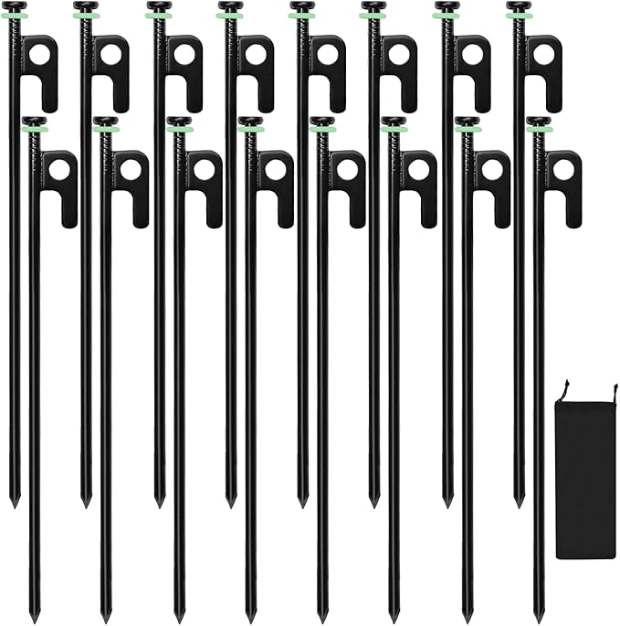 16Pcs 12in Tent Stakes, Heavy Duty Tent Stakes with Storage Pouch, Forged Steel Metal Stake for Tent Used on Rocky Place, Grassland, Dessert(16Pcs, 12in, Diameter 1/4")