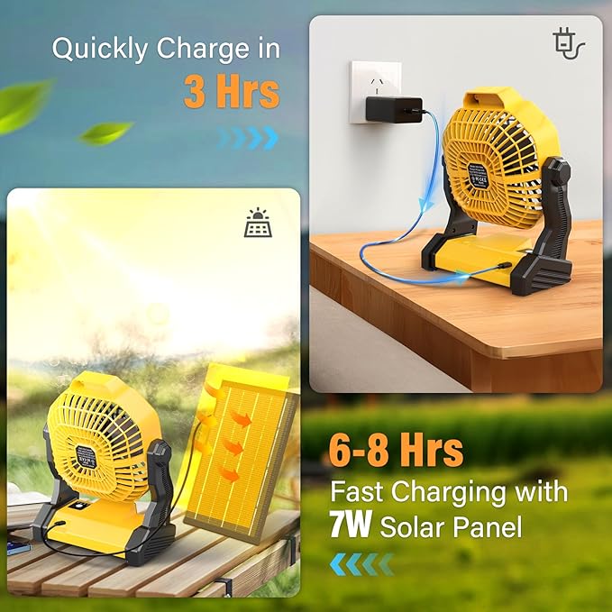 10400mAh Solar fan with LED Lantern, Camping Fan with Solar Panel, 7W Rechargeable Solar Powered Fan for Outside, Quiet Battery Operated Tent for Picnic, Barbecue, Fishing, Travel