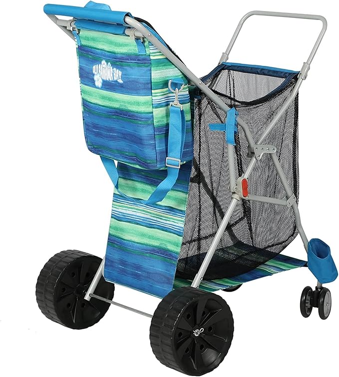 Beach Cart with Big Wheels for Sand, Collapsible All-Terrain Beach Wagon with Cooler Bag & Umbrella Holder, Large Mesh Storage, Supports 100lbs for Camping, Outdoor, Shopping, Dark Blue Stripes