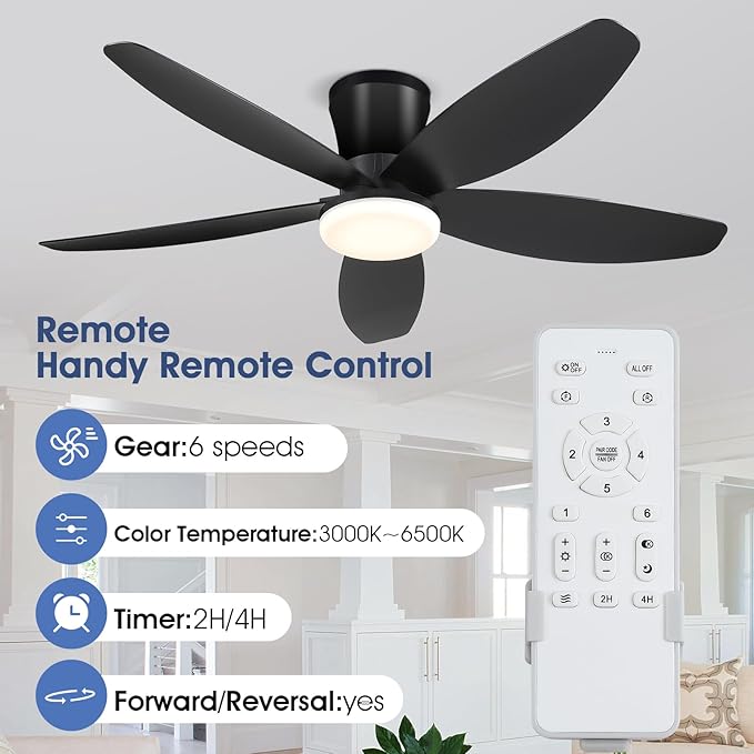 42" Ceiling Fans with Lights-Low Profile Ceiling Fan with Light and Remote/APP Control,Flush Mount,DC Reversible,LED Dimmable Black Ceiling Fans for Bedroom,Indoor/Outdoor Patio Use