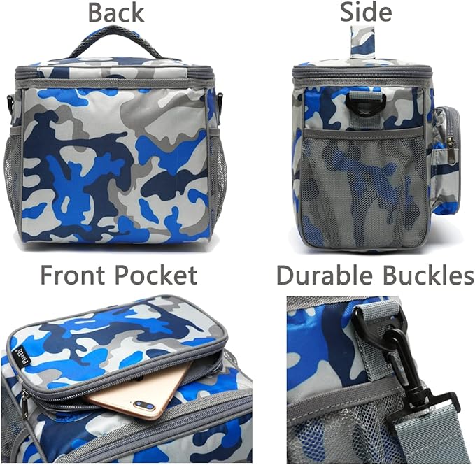 FlowFly Insulated Reusable Lunch Bag Adult Large Lunch Box for Women and Men with Adjustable Shoulder Strap,Front Zipper Pocket and Dual Large Mesh Side Pockets,BlueCamo