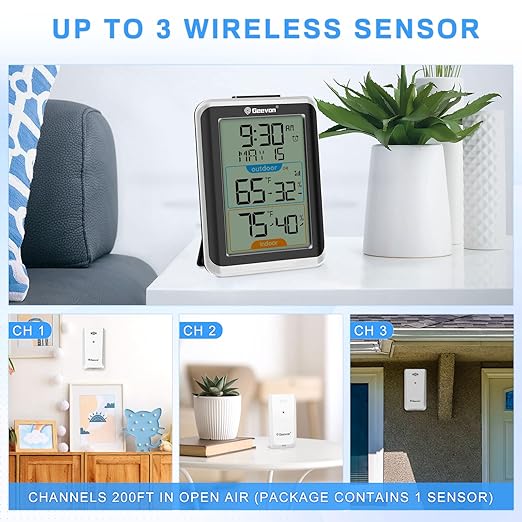 Geevon Wireless Indoor/Outdoor Thermometer & Hygrometer, Digital Temperature & Humidity Sensor with Time, Clock, 200ft/60m Range, 3.8‘’ Large Display