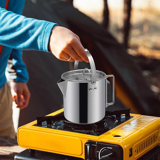 Camping Tea Kettle, Portable 1.2L Coffee Pot, Outdoors Camping Pot, with Handles and with Lids for Camping Hiking Picnic Camping, Backpacking, Silver
