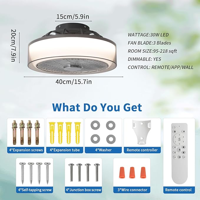 Ceiling Fan with Lights Remote Control, Low Profile Led Blade Ceiling Fan Enclosed Flush Mount Ceiling Fans with Timming for Bedroom, Living Room, 6-Speed Quiet DC, 3000-6000K, Gray