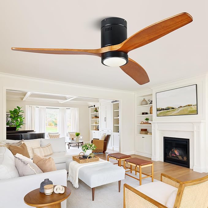 Ceiling Fans with Lights and Remote, 52 Inch Low Profile Ceiling Fan with Light, 3 Walnut Solid Wood Blade Dimmable 8H Timer 6-Speed Reversible Motor for Living Room Farmhouse Patio