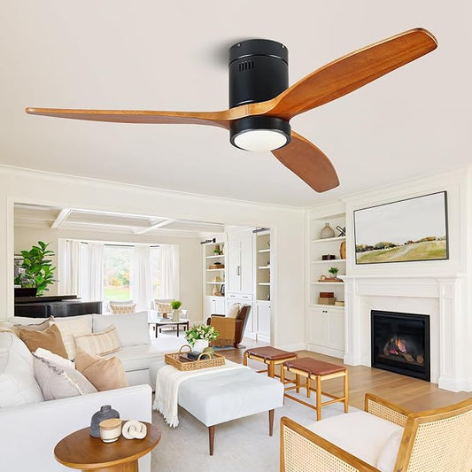 Ceiling Fans with Lights and Remote, 52 Inch Low Profile Ceiling Fan with Light, 3 Walnut Solid Wood Blade Dimmable 8H Timer 6-Speed Reversible Motor for Living Room Farmhouse Patio