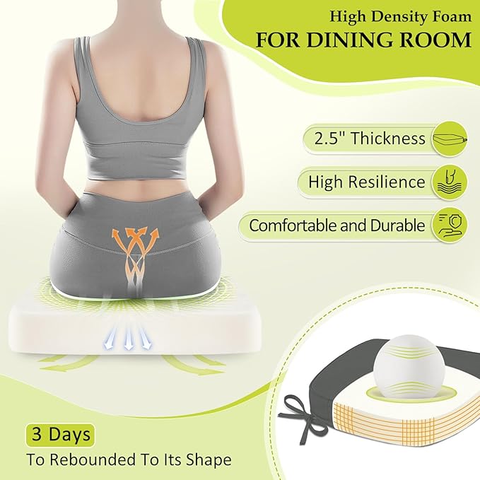 Chair Cushions for Dining Chairs, Indoor Chair Cushions with Ties，Waterproof Chair Pads Set of 6, Dark Grey, 17x16x2.5 Inch