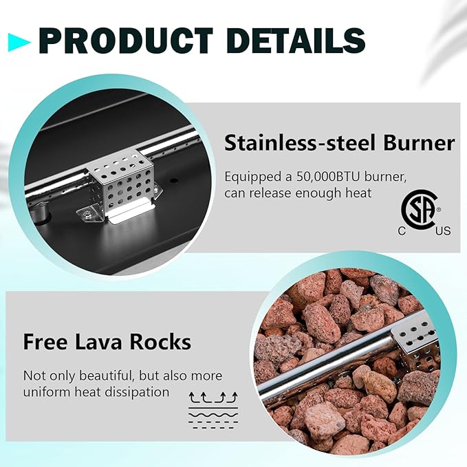 42" Rectangular Propane Fire Pit – 50,000 BTU Concrete Fire Pit with Tank Cover – 2-Piece Outdoor Firepits – Gas Fireplace for Deck or Patio