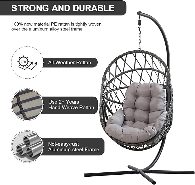 PRIVATE GARDEN Hanging Egg Chair with Stand Indoor Outdoor Unique PE Rattan Wicker Basket Chair with Grey Cushion Folding Swing Chair (Grey)
