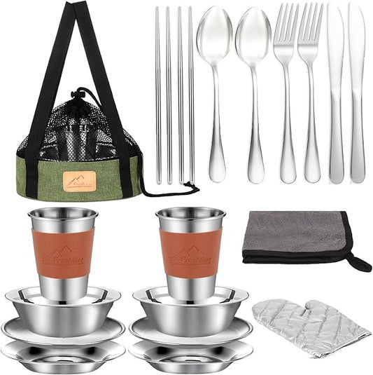 Camping Mess Kit - 1 to 2 persons Camping Dishes includes Cups, Bowls, Knives, Forks, Spoons, Camping Dinnerware Set Camping Cooking Utensils Accessories Plates Dinnerware Set