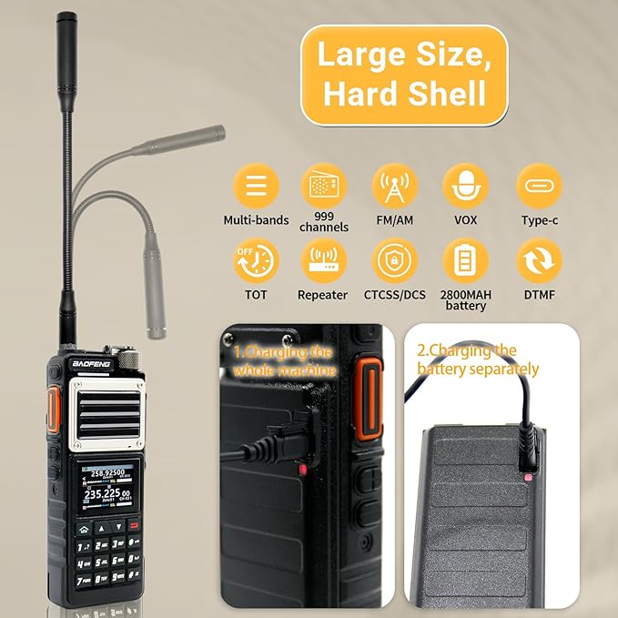 BAOFENG UV-25 PRO 10W Heavy Duty Radio Handheld Tri Band Baofeng Waterproof Radio Tri Band Ham Radios 999CH 5200MAh BatteryType-C Charging UHF VHF MW FM Air NOAA Multi-Band Receiver (Black)