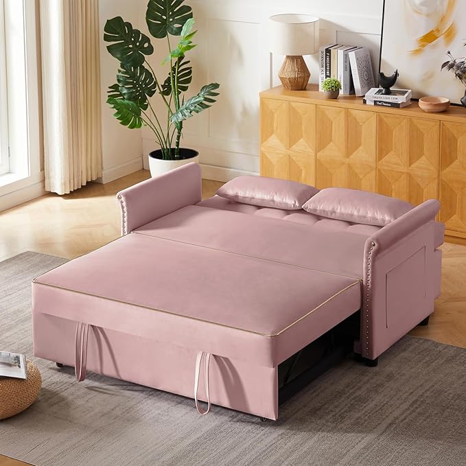 58" Velvet Sofa Bed, 3-in-1 Convertible Pull-Out Sleeper Sofa & Couch with Storage Bag and Adjustable Backrest,Perfect for Small Spaces, Living Room, or Office
